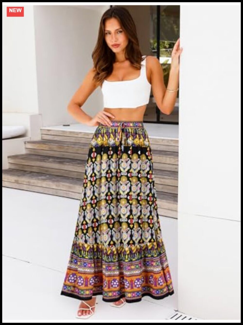 Flowy Boho Maxi Skirt with Pockets High Waist A-Line - Picture 2 of 6